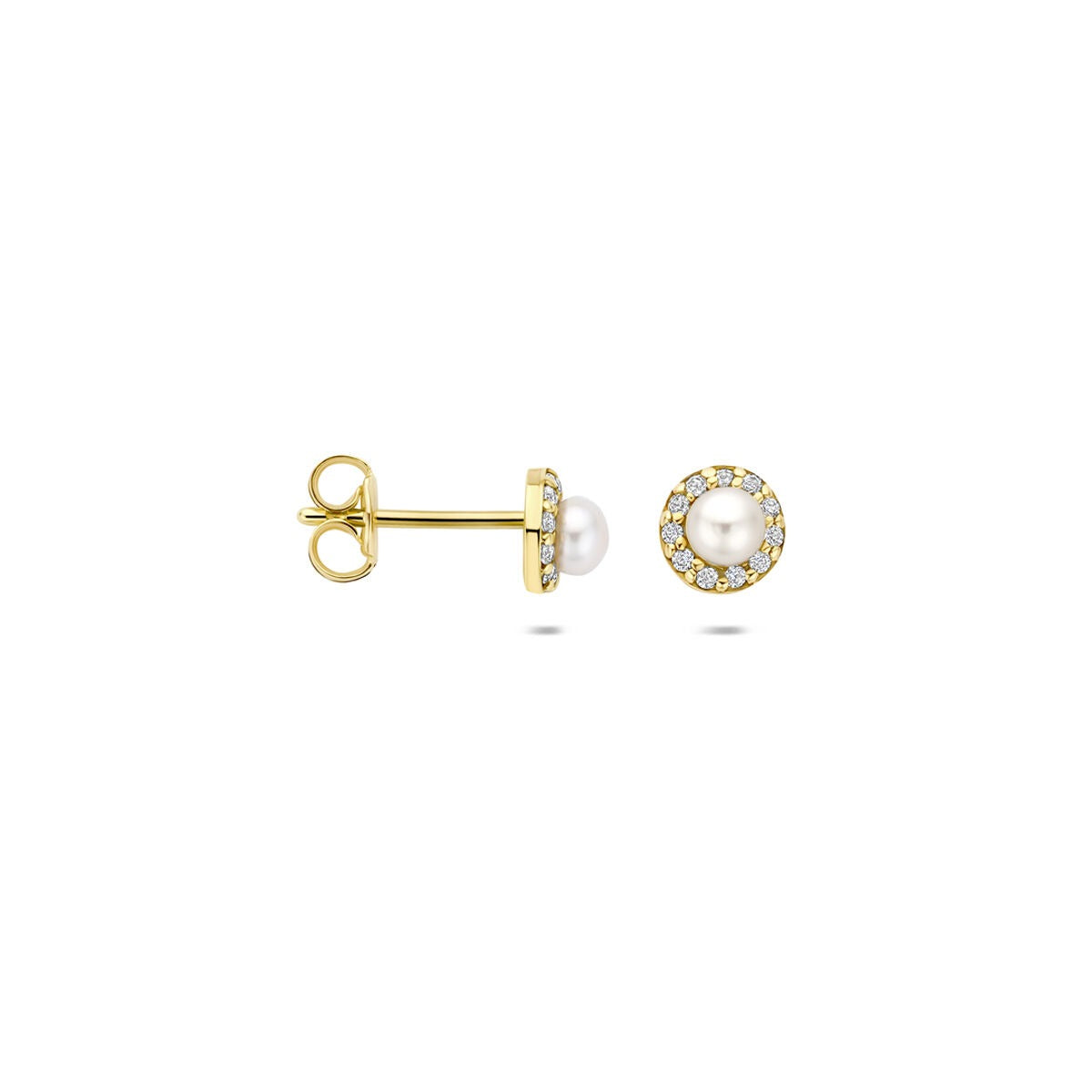 Pendientes de botón de oro amarillo con perla y circonita