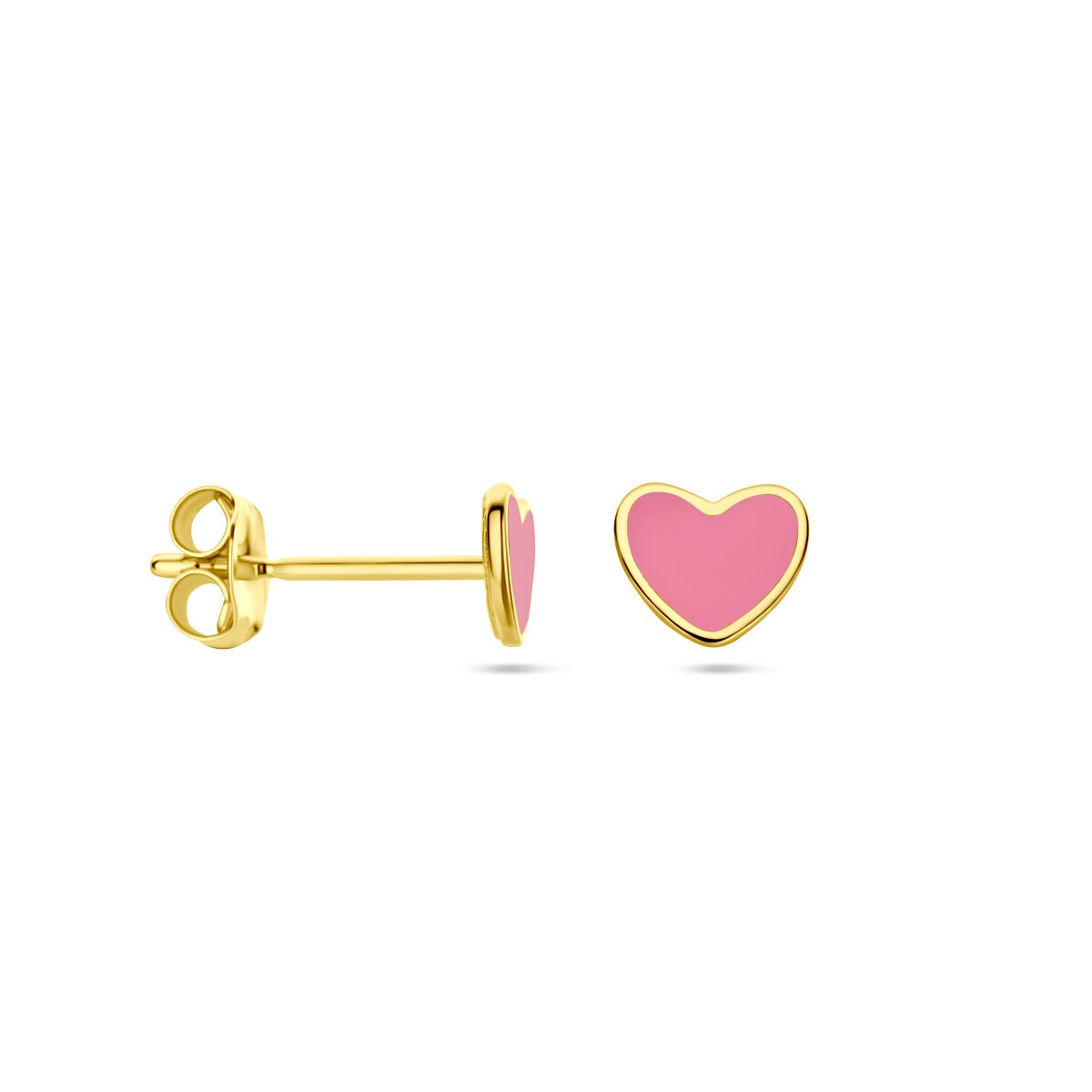Pendientes infantiles de oro amarillo – corazón con epoxy rosa