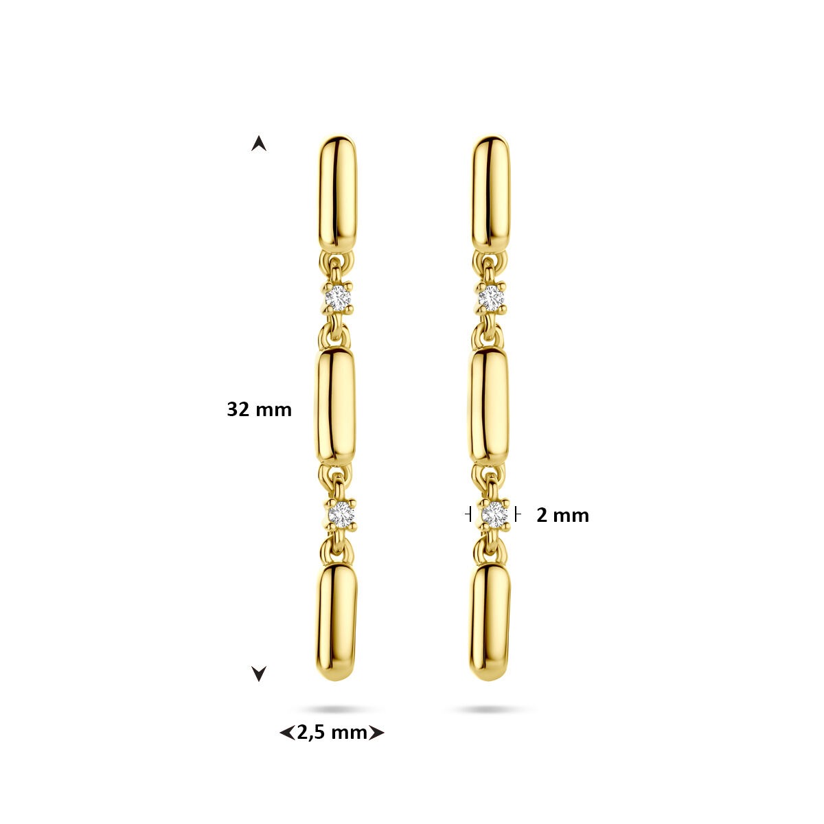 Pendientes de oro con diamante – 14k oro amarillo, 0.06ct talla brillante (2x 0.03ct) h si 32 mm