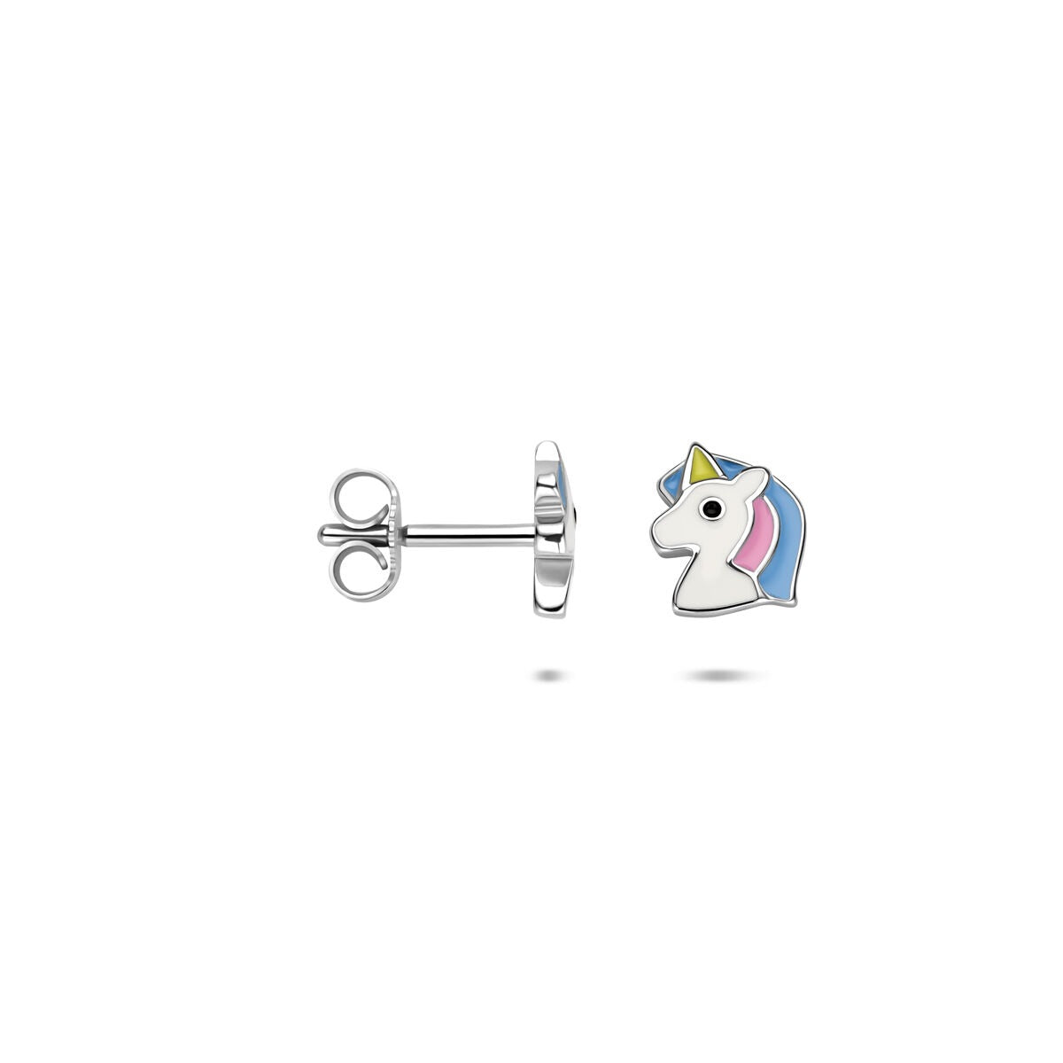 Pendientes infantiles de plata con esmalte de unicornio – 8 x 7 mm