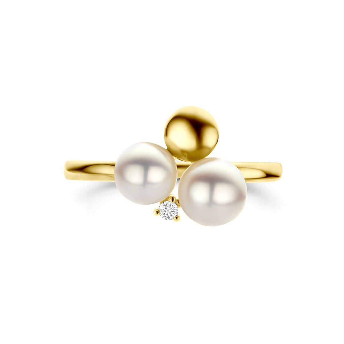 Anillo de mujer de oro amarillo de 14k con perla y diamante – 11 mm de ancho