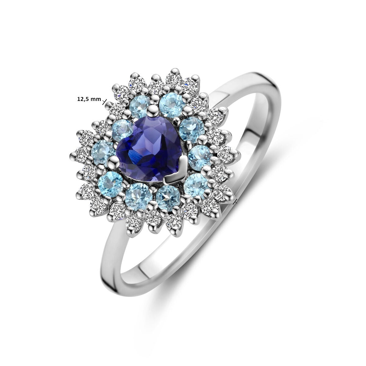 Anillo de oro blanco con forma de corazón – topacio London blue, iolita y diamante