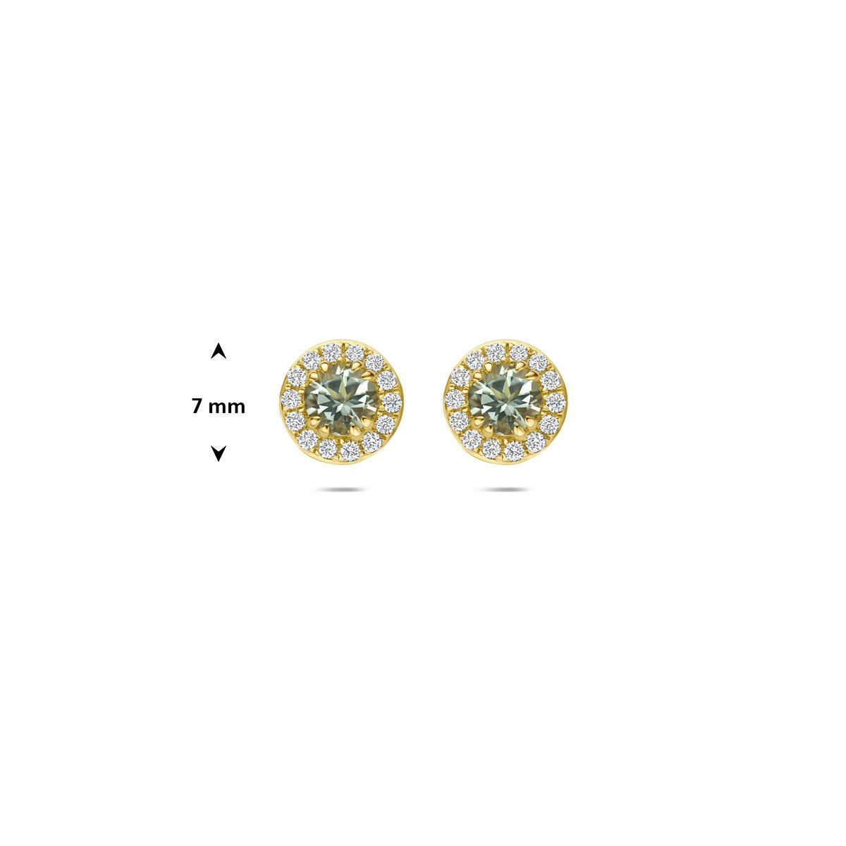 Pendientes de botón de oro amarillo con amatista verde y diamante cultivado en laboratorio