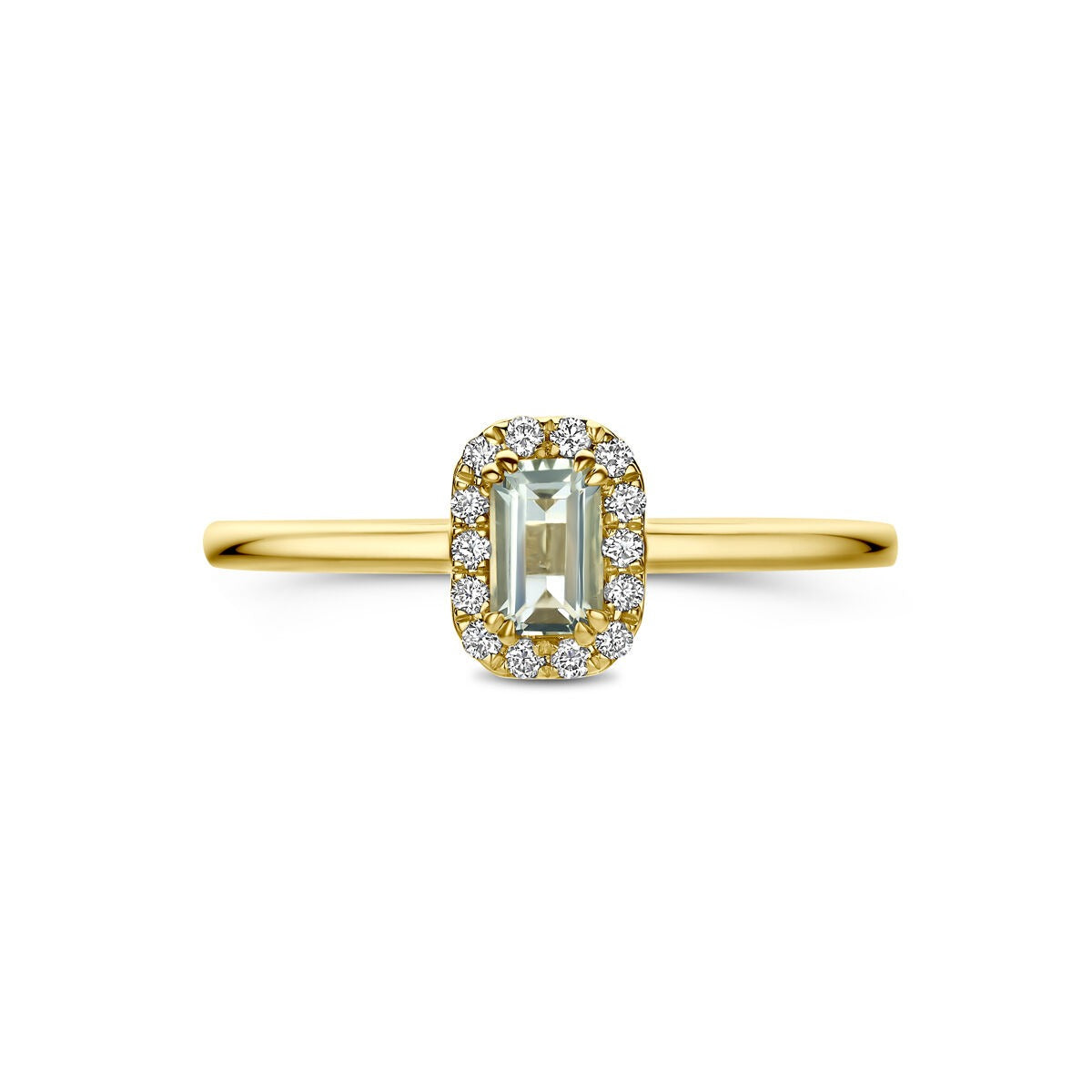 anillo de entourage de oro amarillo de 14k con amatista verde y diamante cultivado en laboratorio