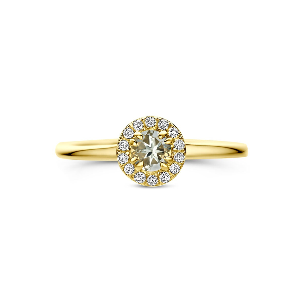 Anillo de oro amarillo de 14k con amatista verde y diamante cultivado en laboratorio
