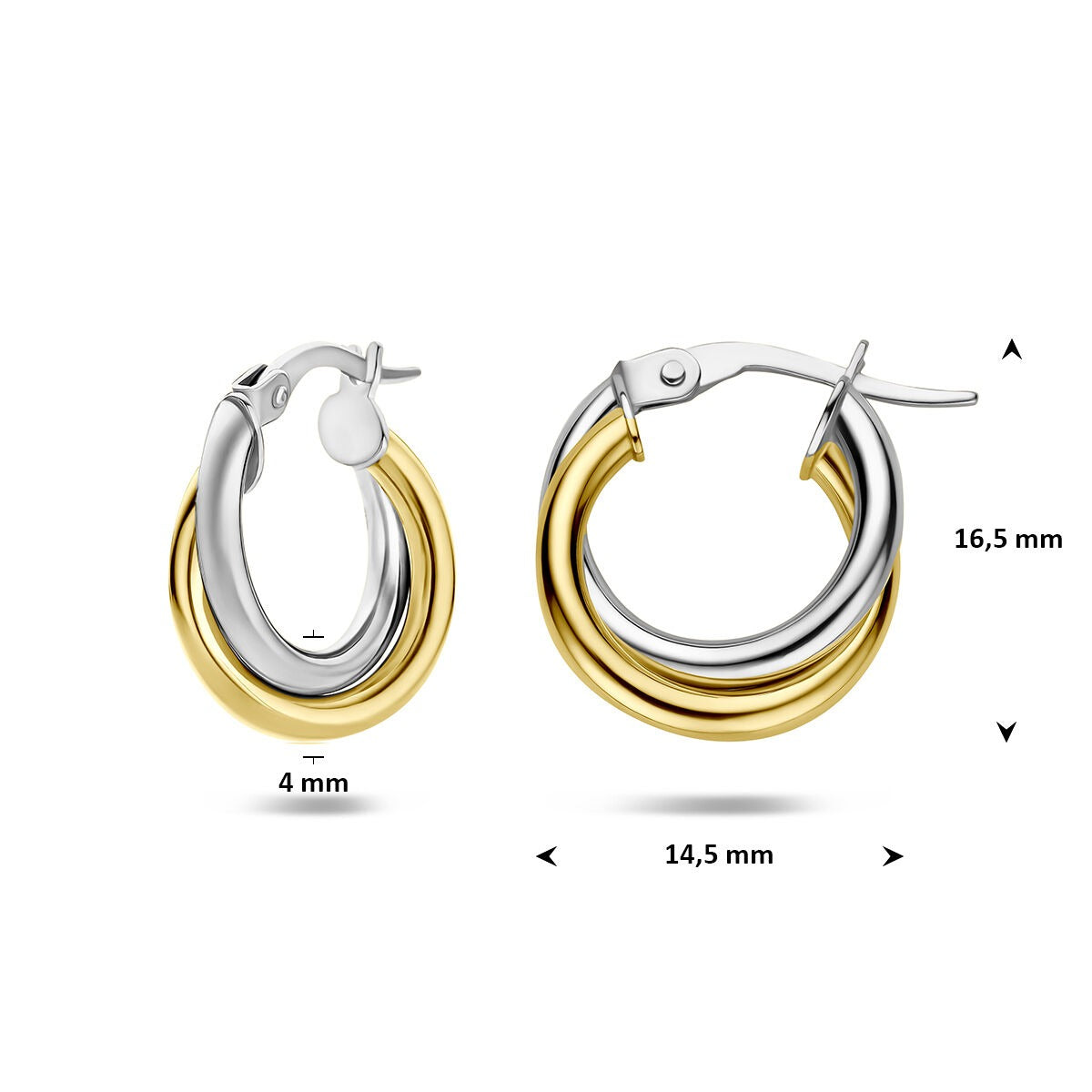 Aros de oro amarillo y oro blanco bicolor 4 mm de mujer con cierre de bisagra