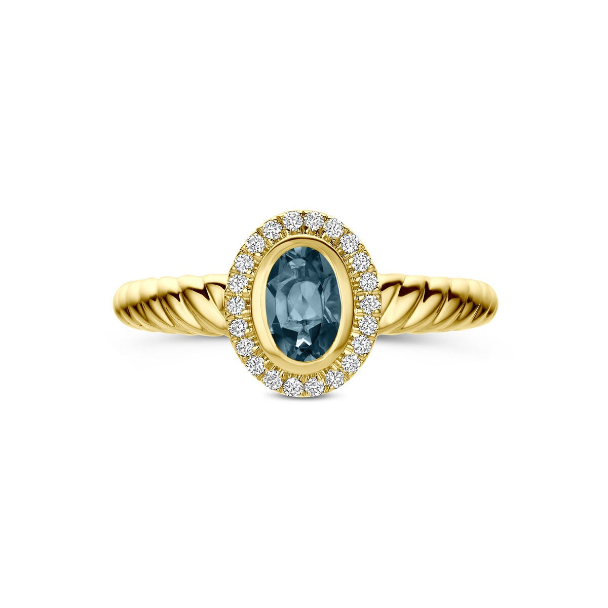 Anillo de oro amarillo de 14k con topacio azul de Londres y diamante cultivado en laboratorio