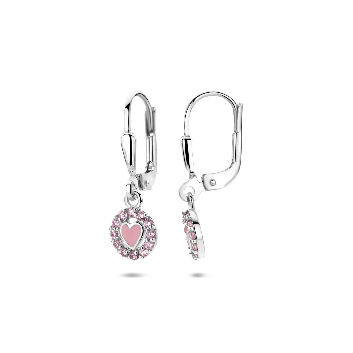 Pendientes de plata con corazón de esmalte y circonita rosa – 21 mm