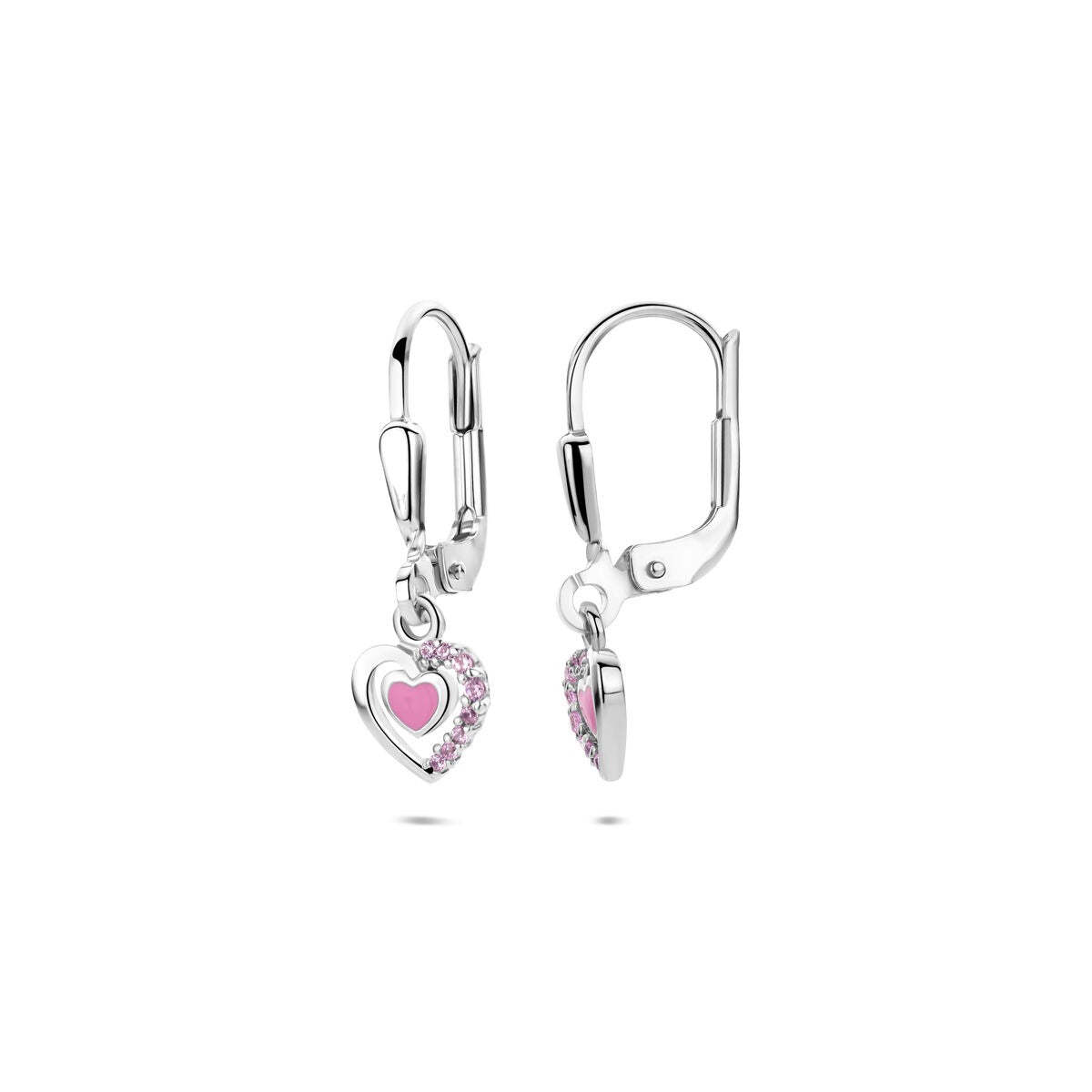 Pendientes de plata con corazón de esmalte y circonita rosa – 21 mm