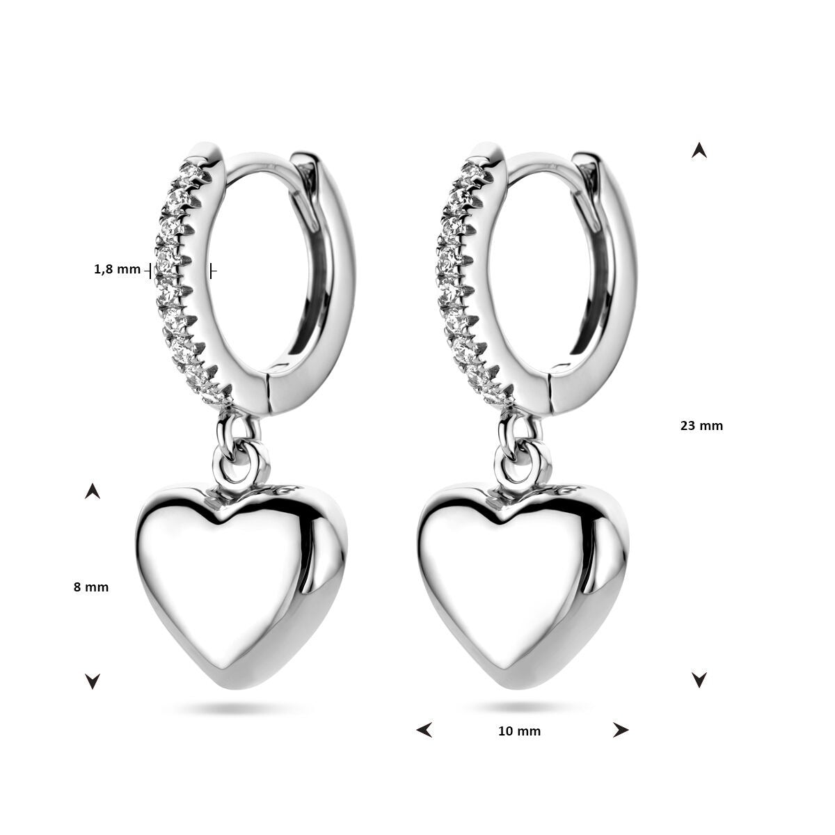 Aros de plata con corazón y circonitas – plata 925 rodiada