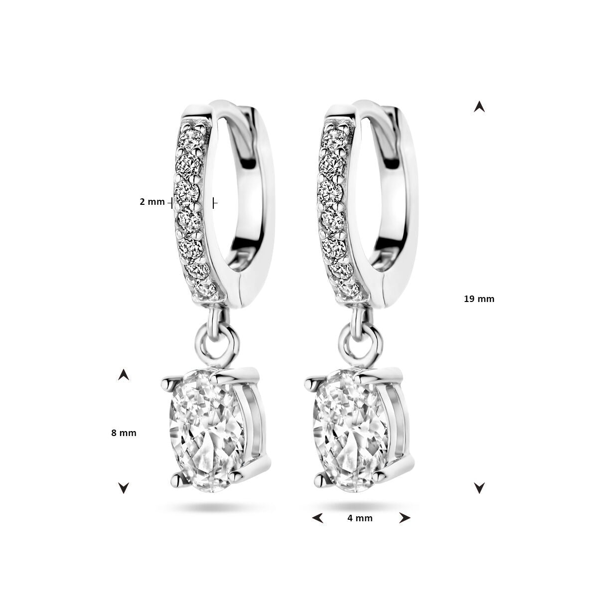 Aros de plata rodiada con zirconia ovalada en engaste de entorno