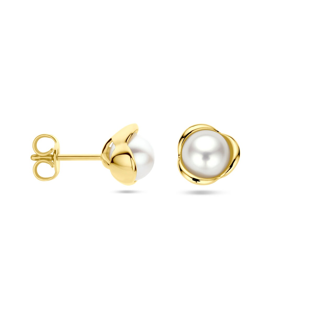 Pendientes de botón de oro amarillo con perla de agua dulce