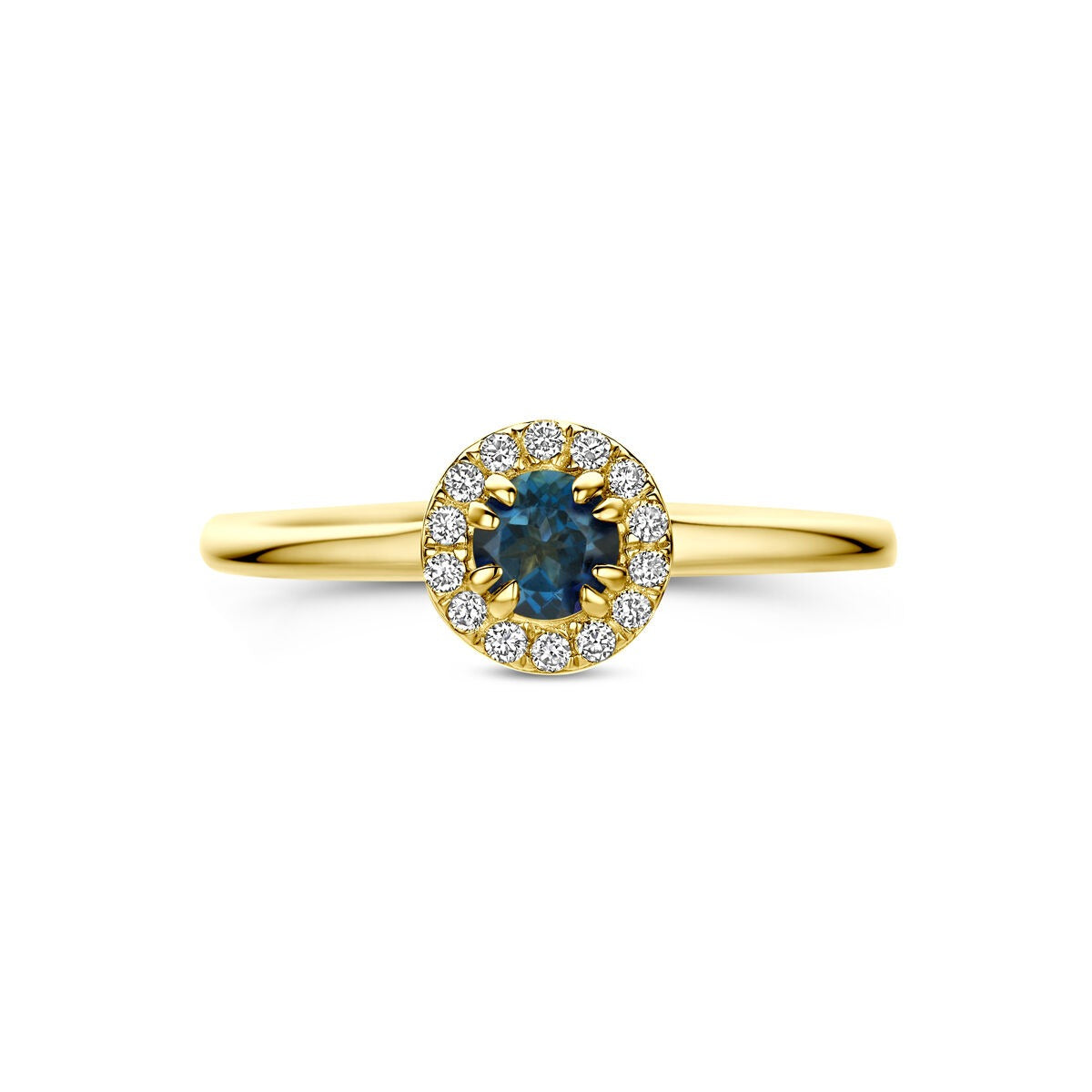 Anillo de oro amarillo de 14k con topacio azul de Londres y diamante cultivado en laboratorio