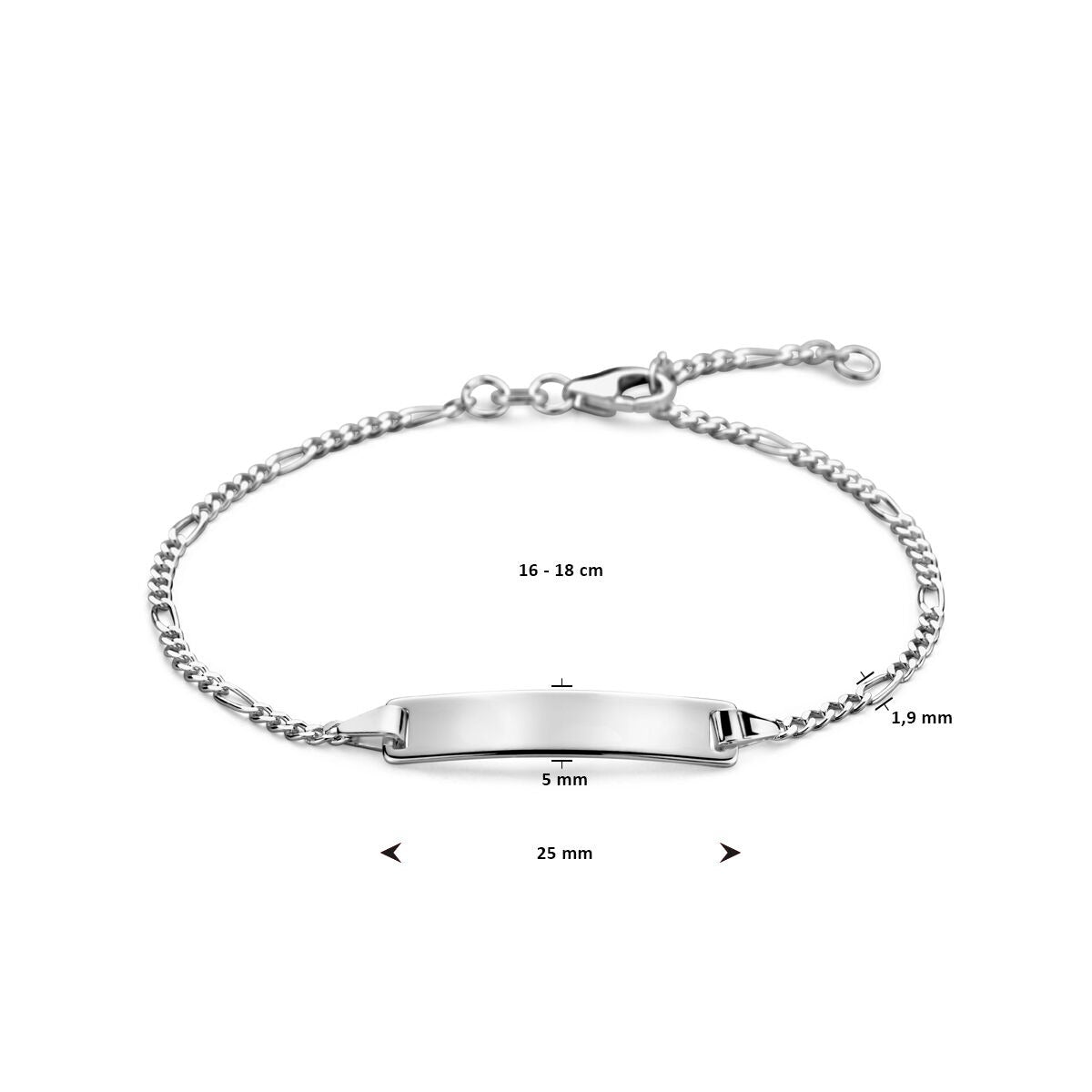 Pulsera de plata de mujer con placa rectangular y eslabones figaro