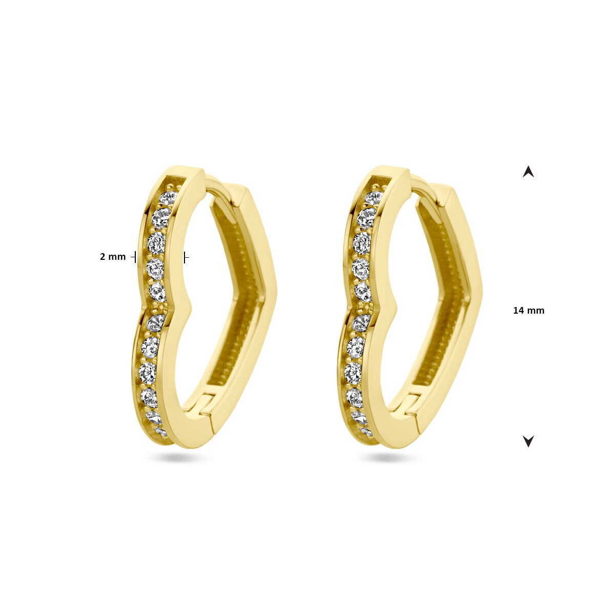 Aros de mujer de oro 14k con corazón y circonitas – 14 mm