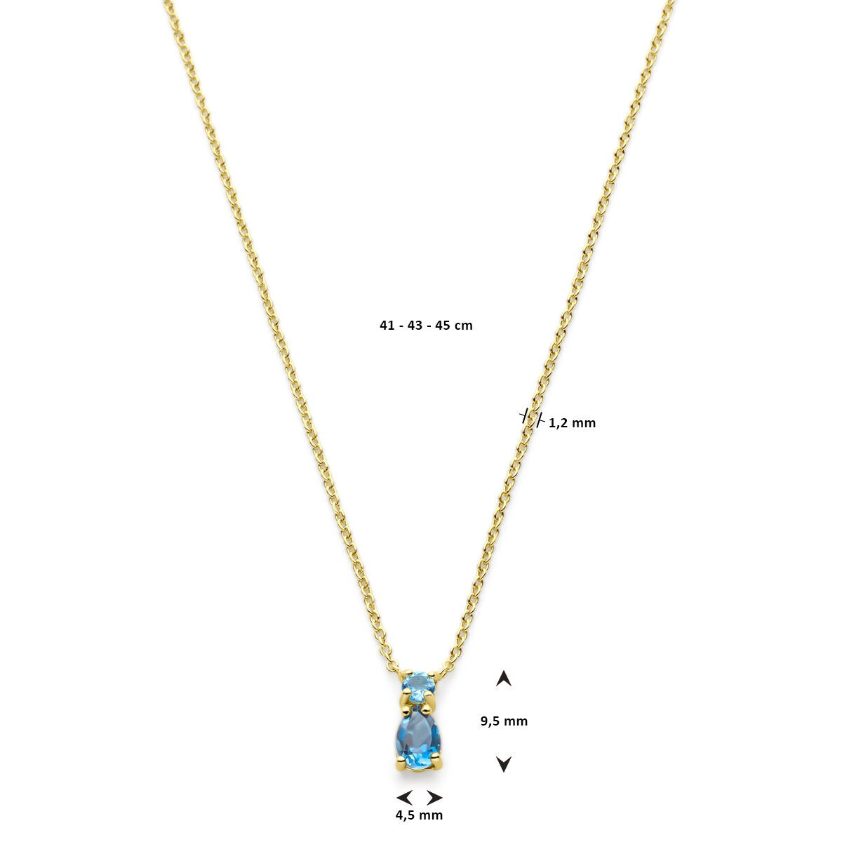 collar de oro amarillo de 14k con topacios azul cielo y azul Londres