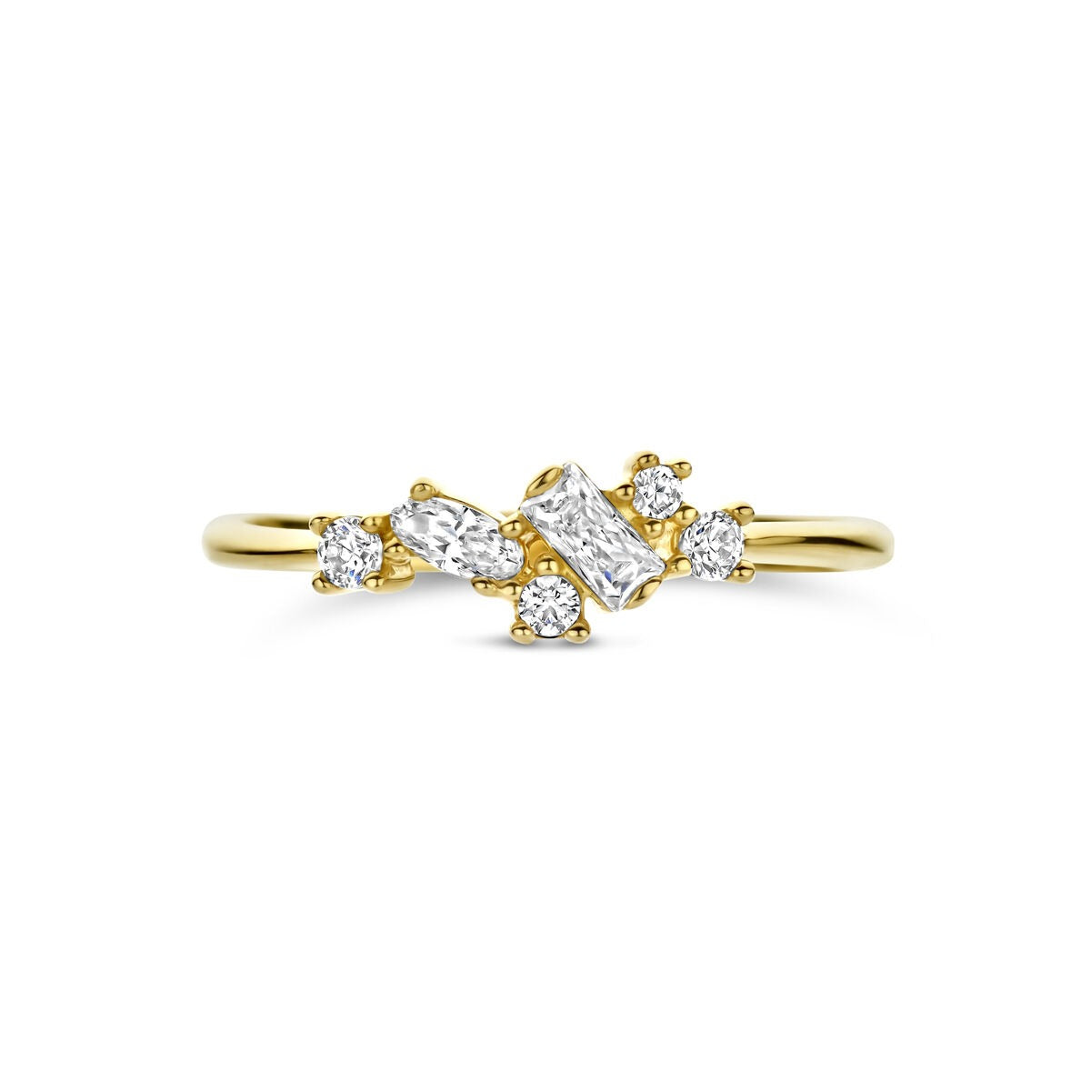 Anillo de mujer en oro amarillo de 14k con circonitas en engaste de entorno