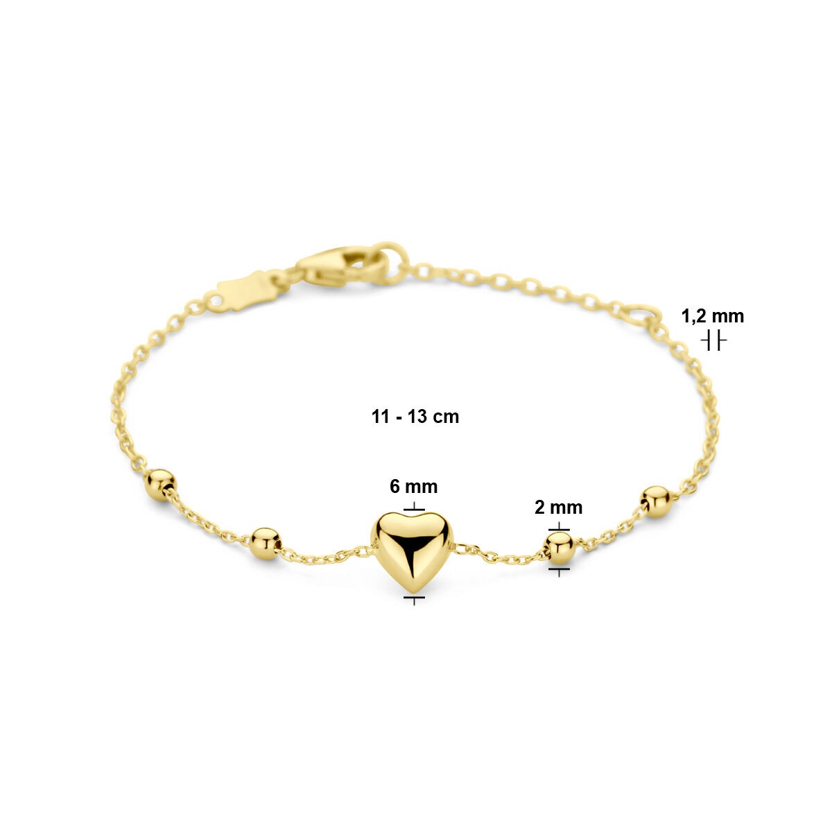 pulsera infantil de oro amarillo con corazón y bolitas