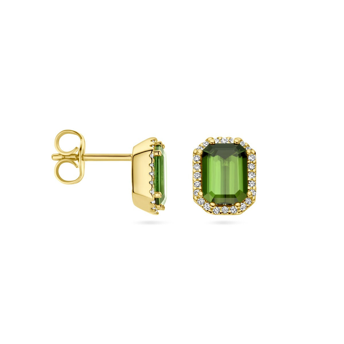 Pendientes de botón de oro amarillo con turmalina y diamante