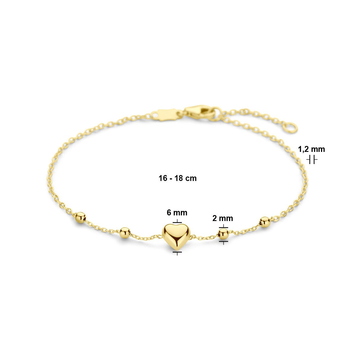 pulsera de oro amarillo con corazón y bolitas