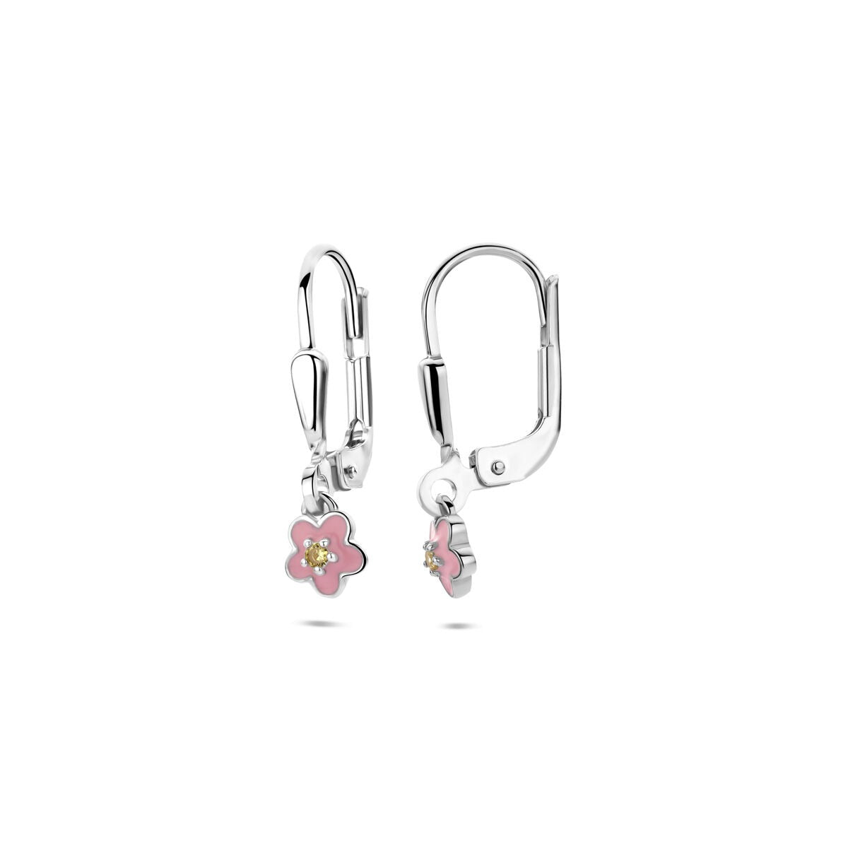 Pendientes de plata con flor de esmalte y circonita amarilla – 19 mm