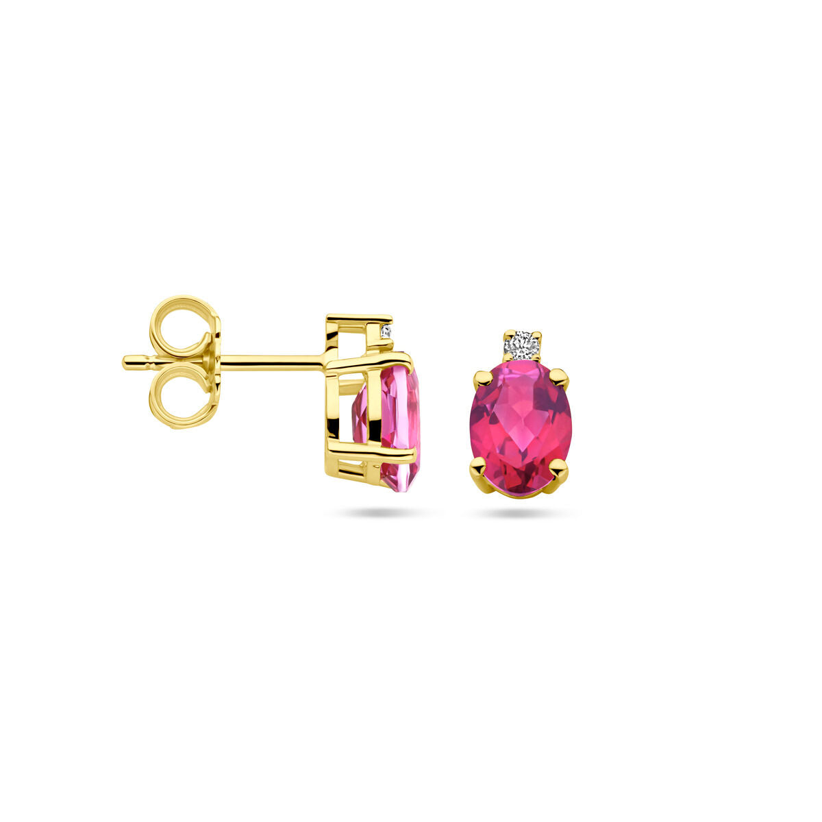 Pendientes de botón de oro amarillo con topacio rosa y diamante
