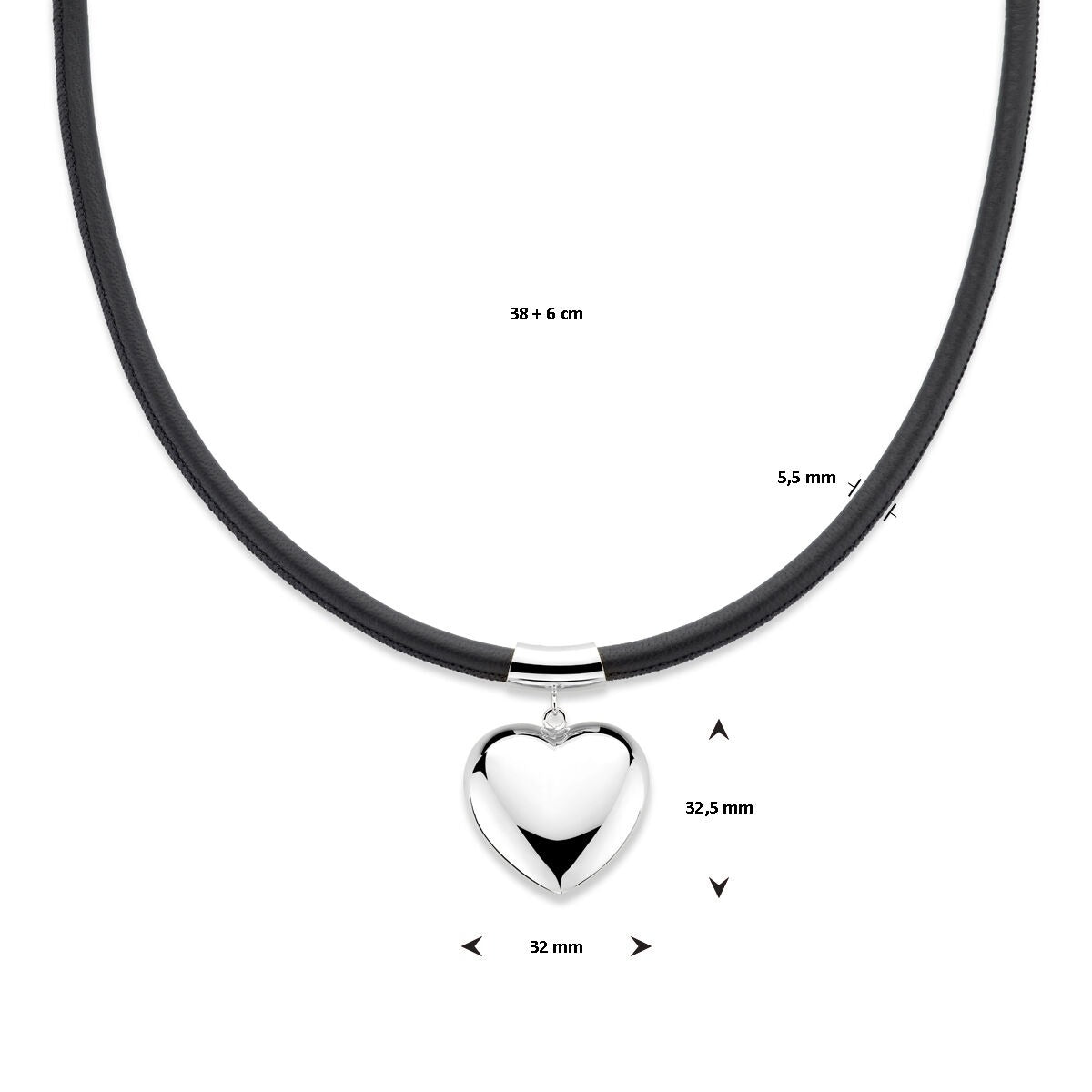 Collar de plata rodiada con corazón y cordón negro