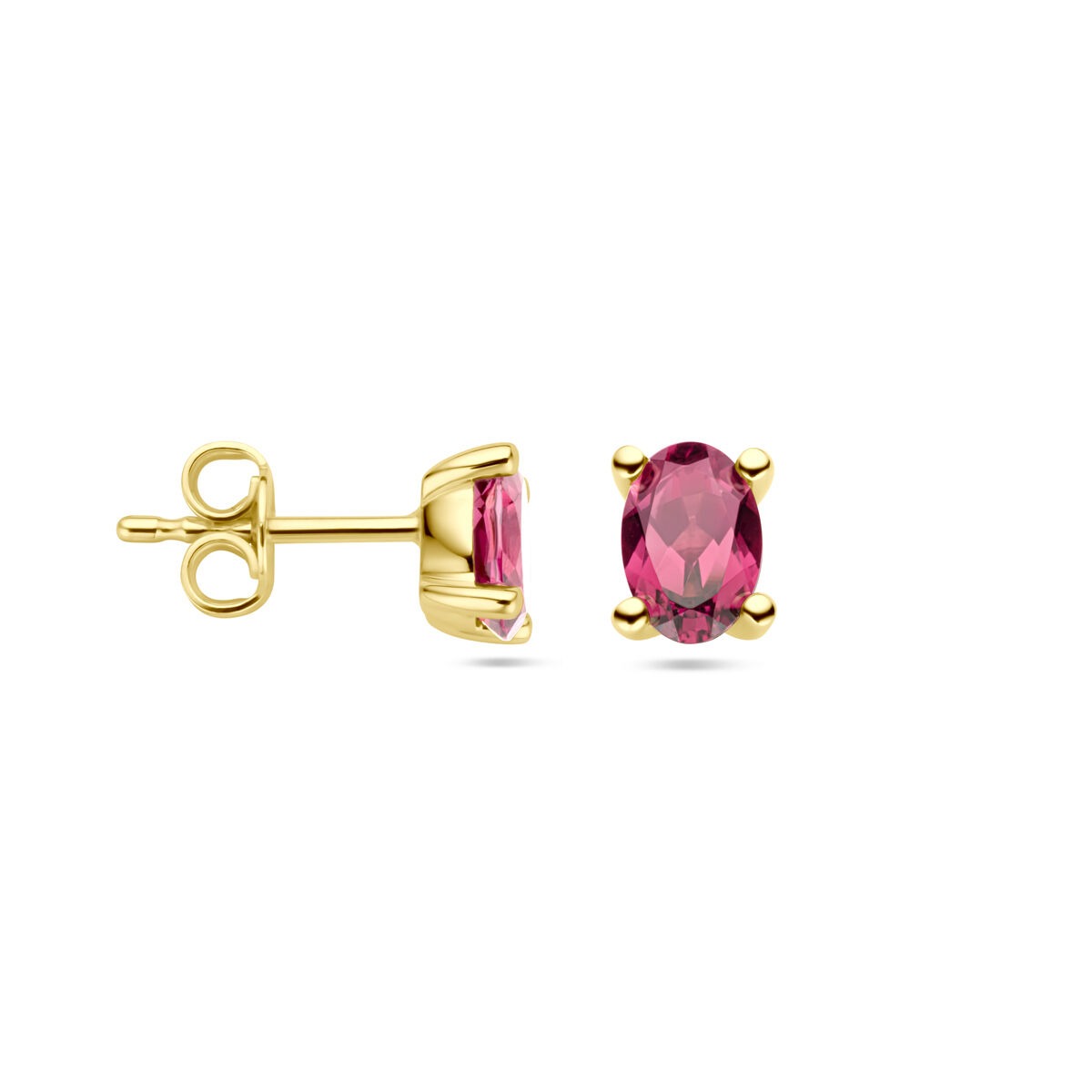 pendientes de botón de oro amarillo con rodolita rosa