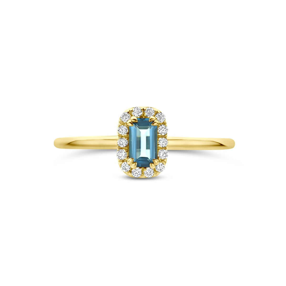 Anillo de oro amarillo de 14k con topacio London blue y diamante cultivado en laboratorio