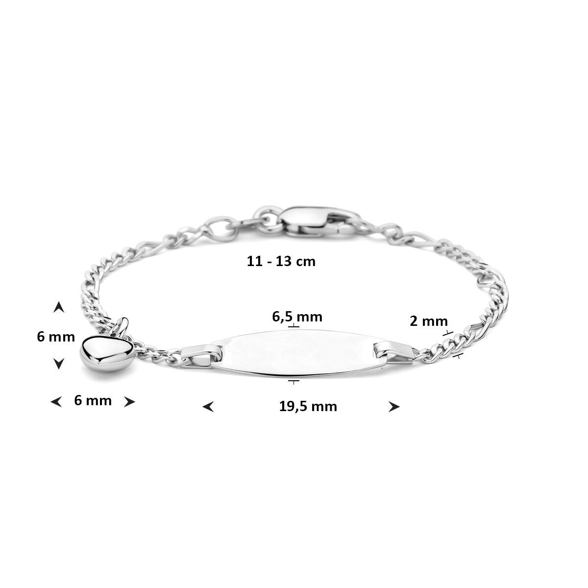 Pulsera infantil de plata con grabado de corazón – rodiada