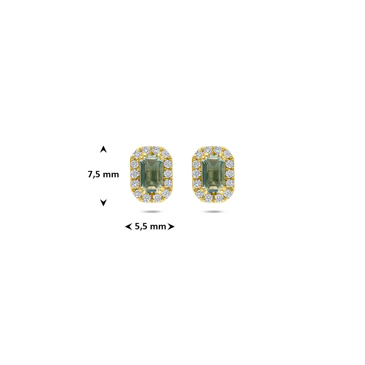 Pendientes de botón de oro amarillo con amatista verde y diamante cultivado en laboratorio
