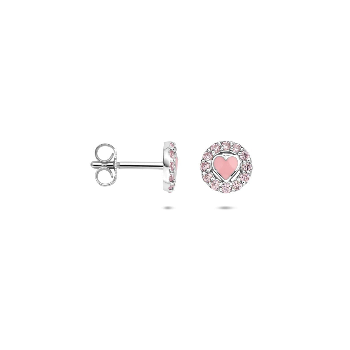 Pendientes de botón de plata con corazón de esmalte y circonita rosa – 7 mm