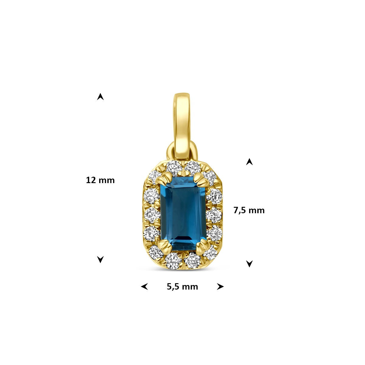colgante de oro amarillo de 14k con topacio London blue y diamante cultivado en laboratorio