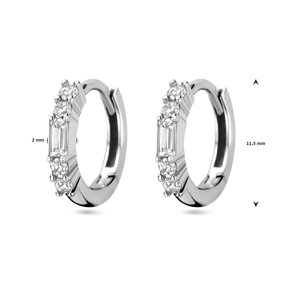 Aros de mujer de plata con zirconia baguette - rodiados 11.5 mm