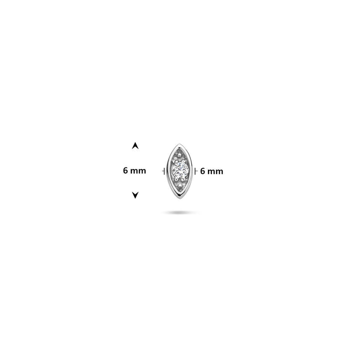 Gerhodineerd zilveren flat back piercing in de vorm van het boze oog met zirkonia