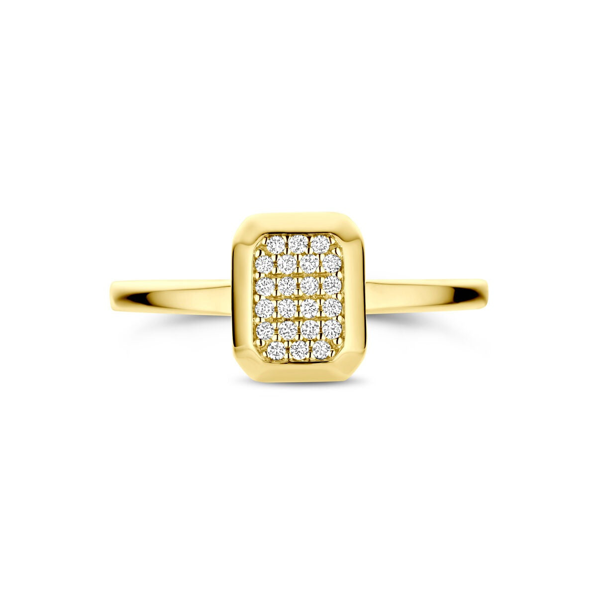 Anillo dorado de dama de 14k con diamantes de 0.10ct en forma rectangular.