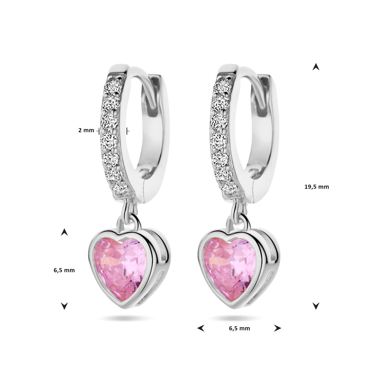 Aros de plata rodiada con circonita rosa en forma de corazón