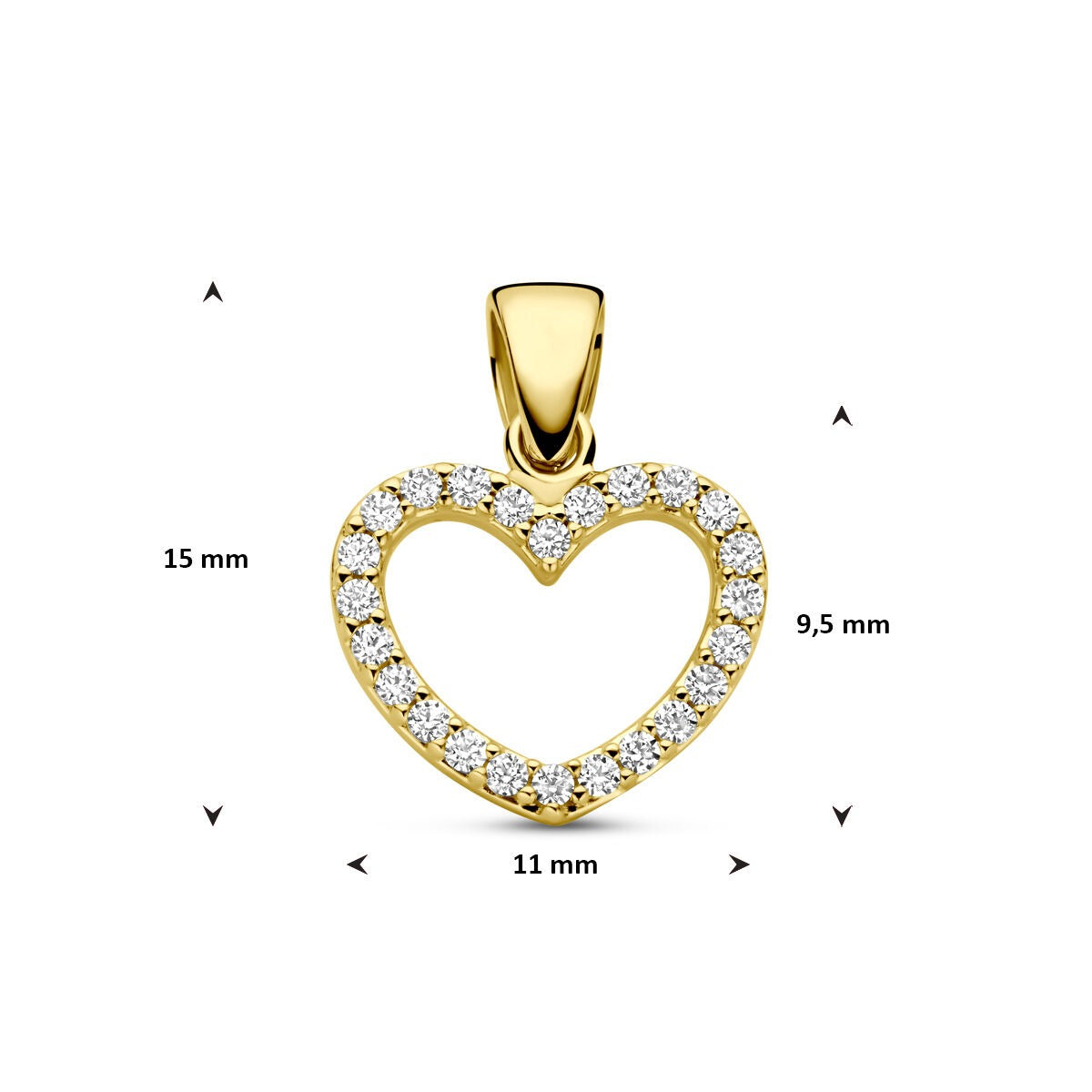 colgante de corazones en oro amarillo de 14k con circonitas - joya de mujer romántica llena de brillo