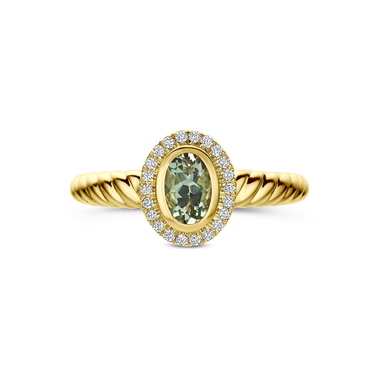 Anillo de oro amarillo de 14k con amatista verde y diamante cultivado en laboratorio