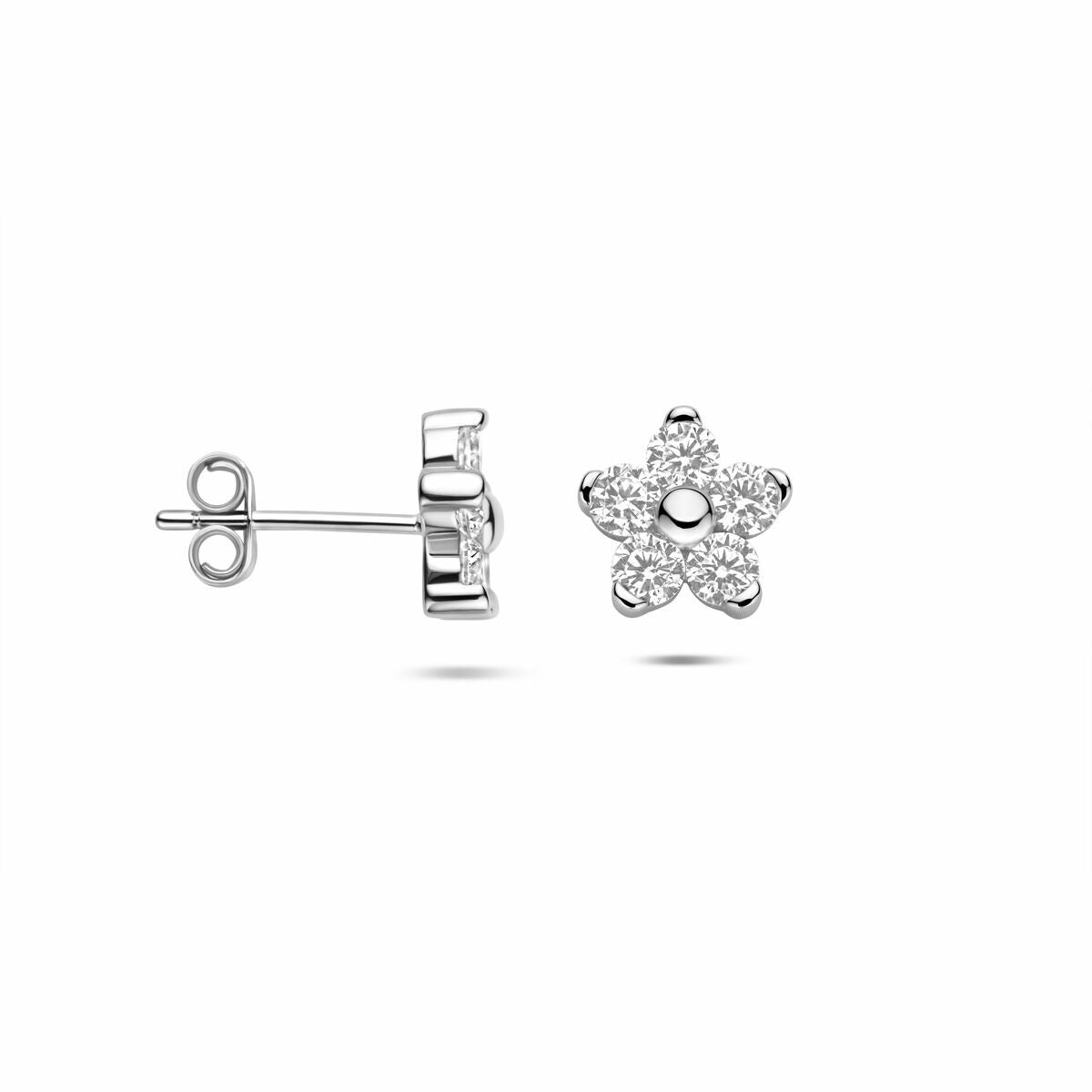 Pendientes de botón de flor con circonitas – plata 925 rodiada