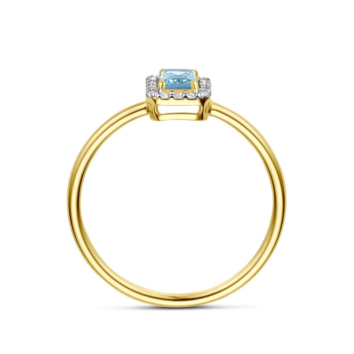 Gouden damesring met aquamarijn en diamant – 14k geelgoud