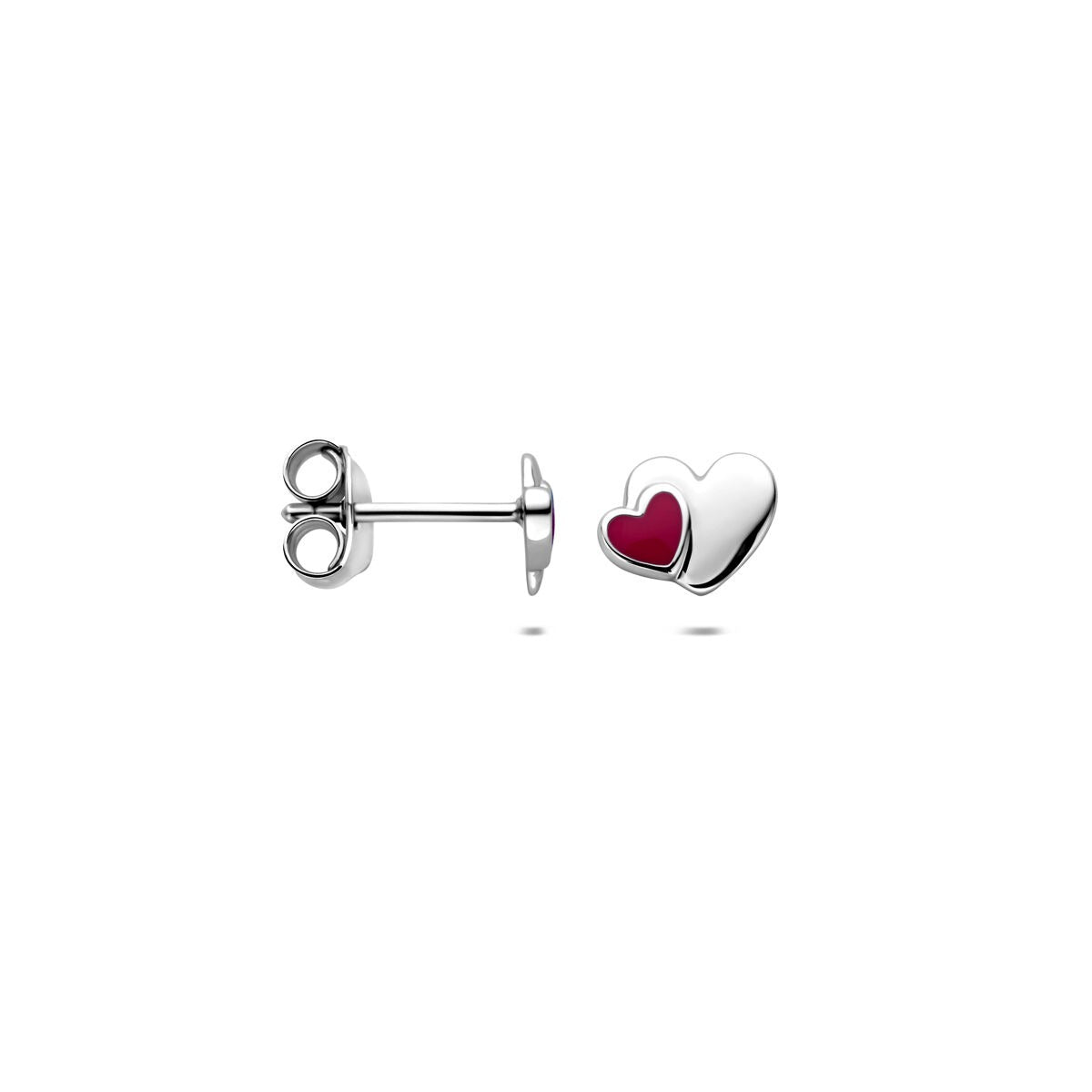 Pendientes infantiles de plata con corazón de esmalte rosa