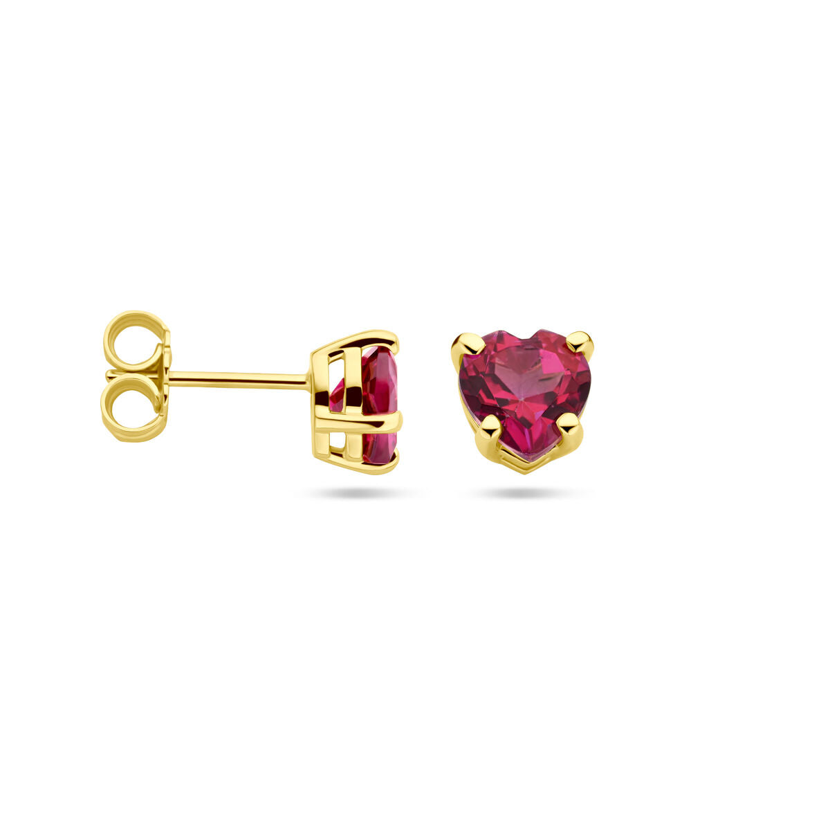 Pendientes de botón de oro amarillo con topacio rosa en forma de corazón
