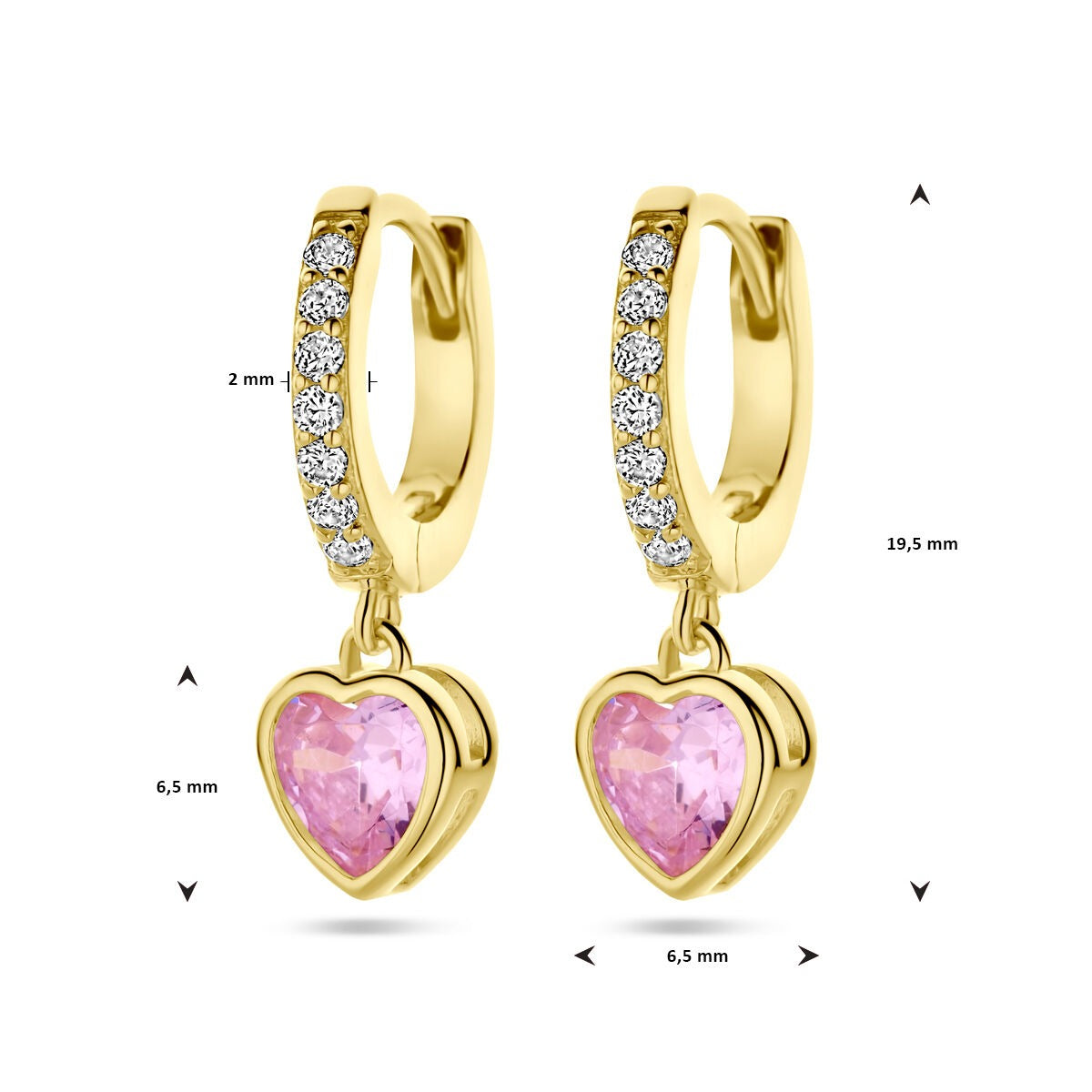 Aros chapados en oro con corazón rosa de circonita y acentos blancos