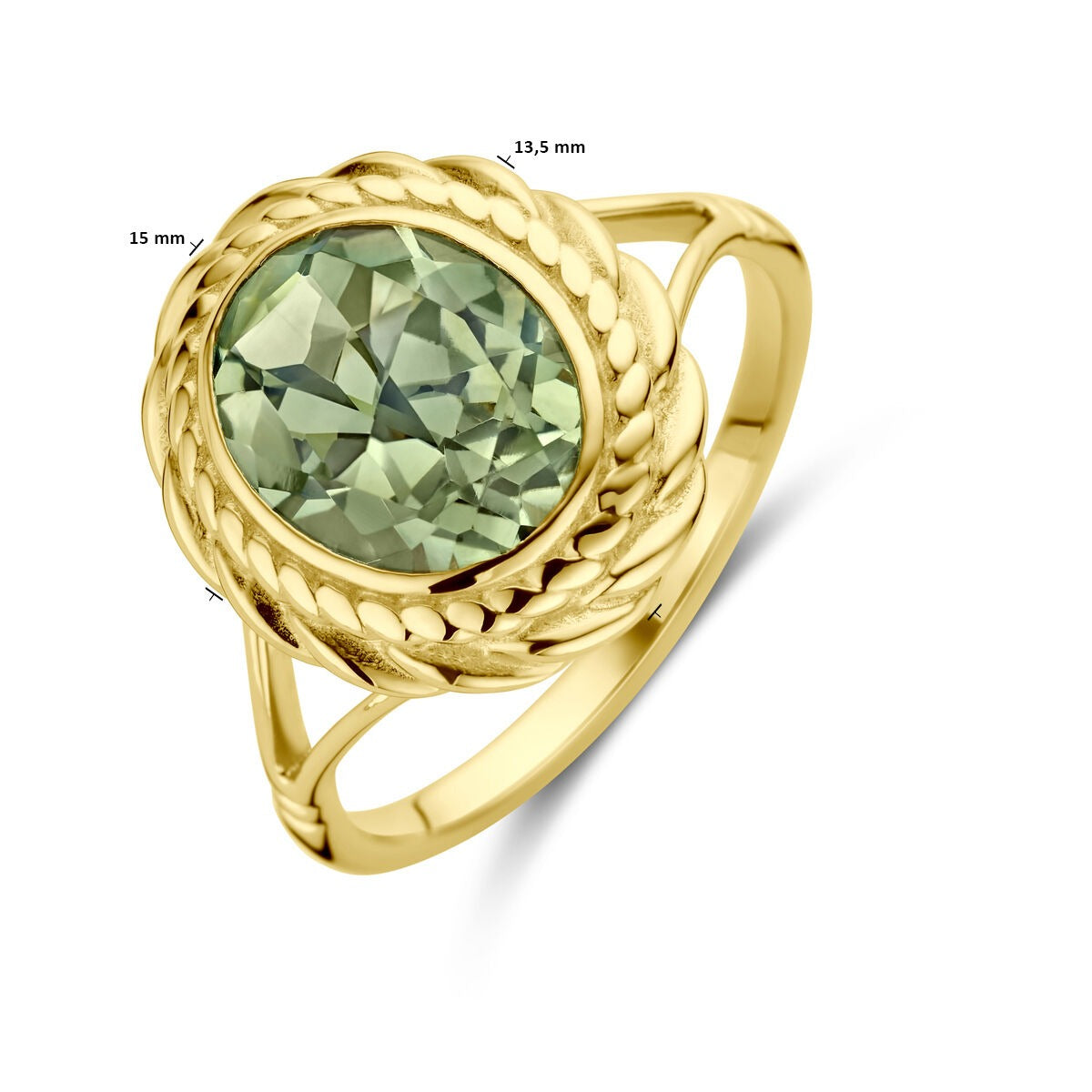 Anillo de oro 14k con amatista verde – engaste de entourage