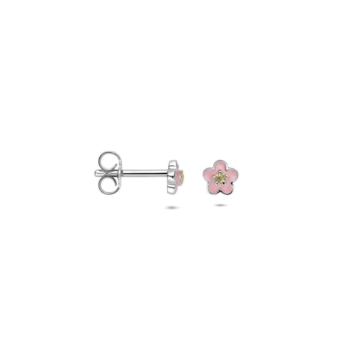 Pendientes de botón de plata con flor de esmalte y circonita amarilla – 5 mm