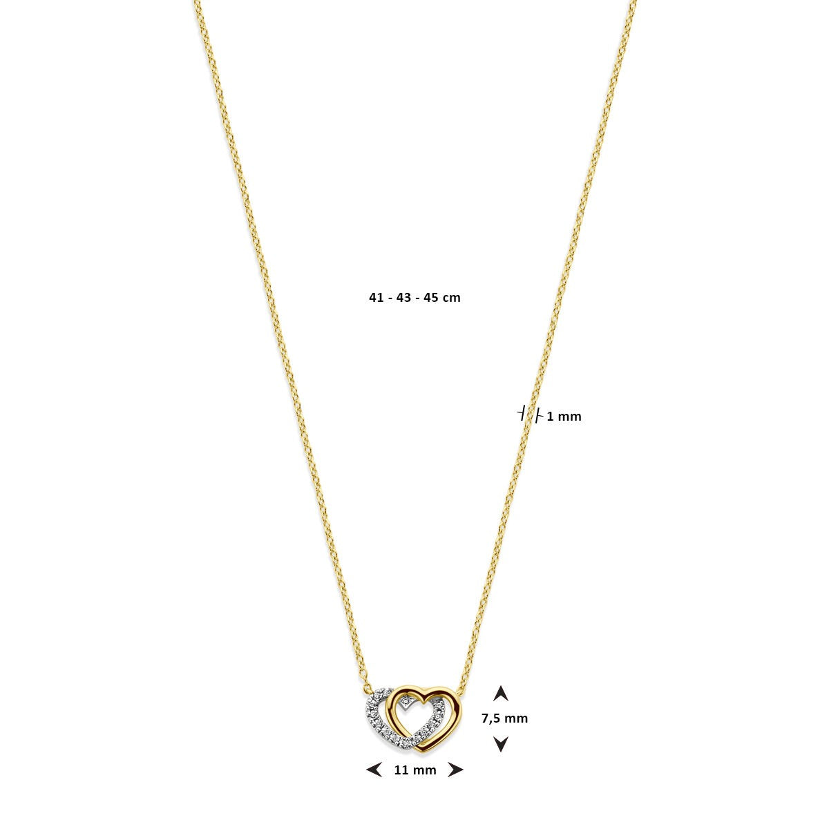 Collar de oro amarillo de 14k con corazones y diamantes