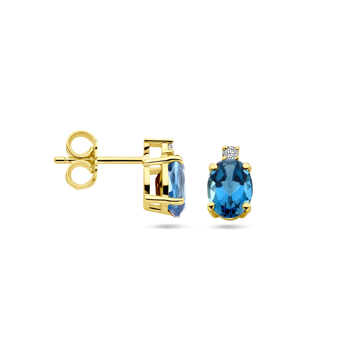 Pendientes de botón de oro amarillo con topacio London Blue y diamante