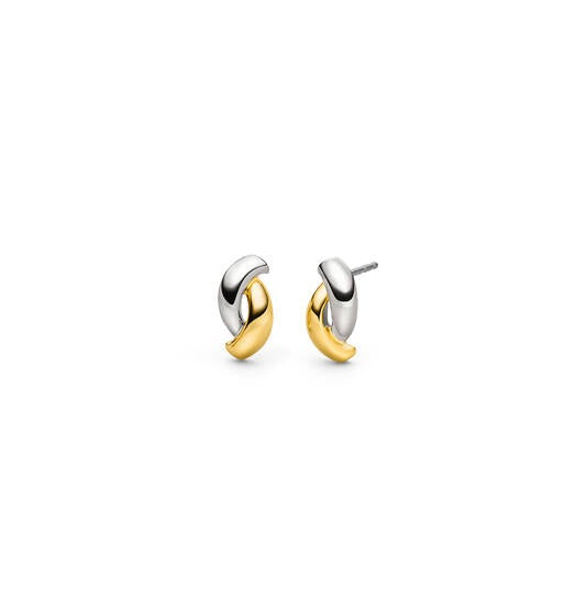 Pendientes bicolores de titanio con diseño entrelazado en plata y dorado.