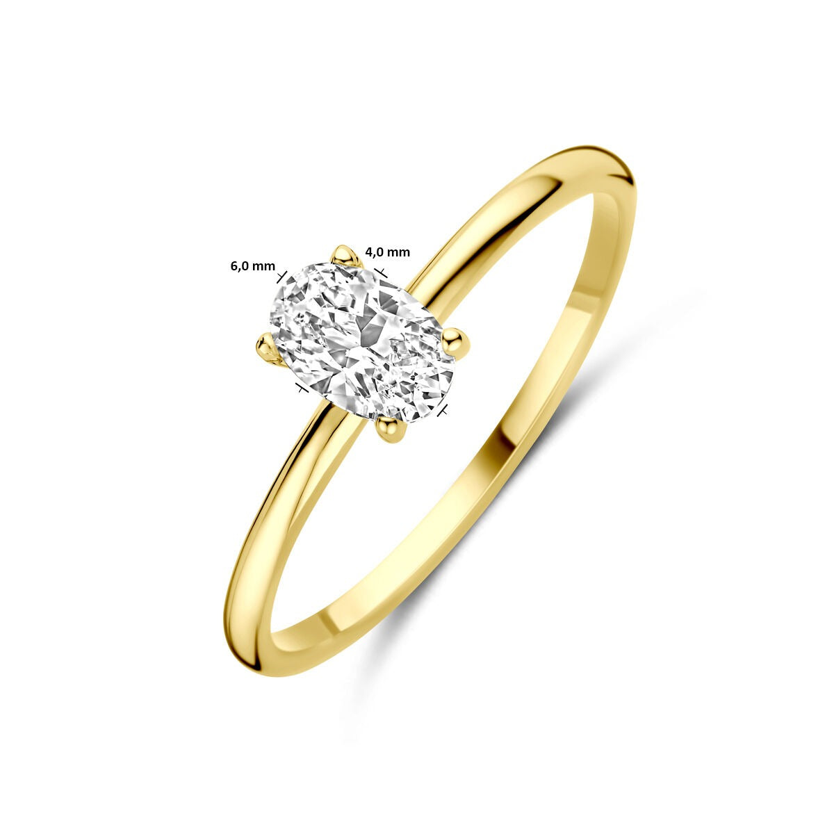 Anillo de oro con circonita - tallado ovalado, 9k oro amarillo